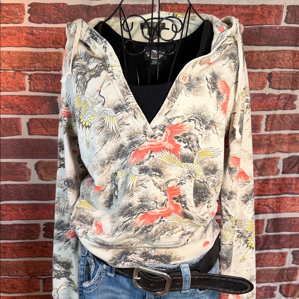👚 Lucky Brand Indo-China Crane Print Hoodie Pullover Cream Sweatshirt S / I